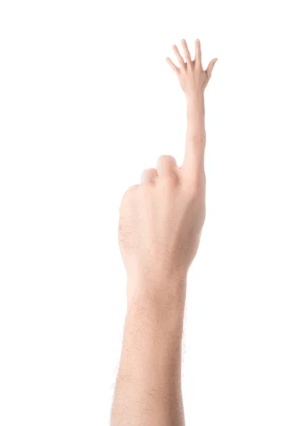 Обрізаний вид татуйованої руки жестикулює і показує високий п'ятизначний знак ізольовано на білому — стокове фото