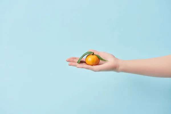 Vista recortada de la mujer sosteniendo sabrosa mandarina con hojas verdes en la mano aislado en azul - foto de stock