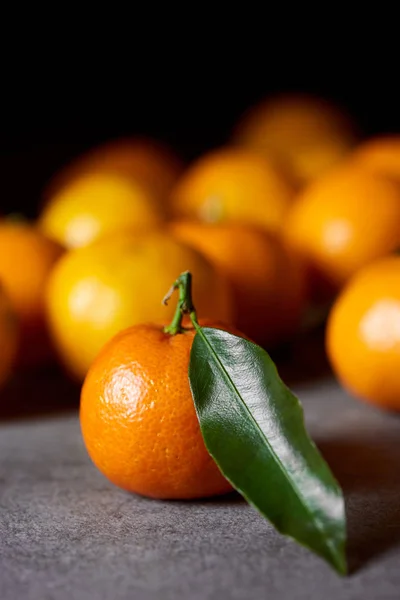 Selective focus of sweet clementine near tangerines with green leaf — Stock Photo