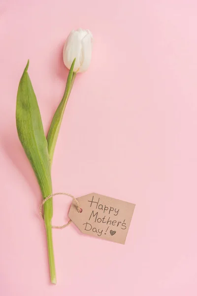 White tulip and wooden label with happy mothers day greeting text on pink background — Stock Photo