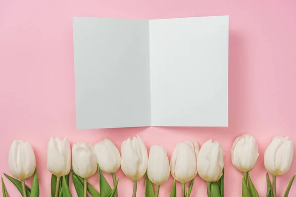 Tarjeta de felicitación blanca en blanco y tulipanes rosados sobre fondo rosa - foto de stock