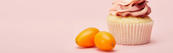 Plano panorámico de magdalena dulce con kumquats en la superficie rosa - foto de stock