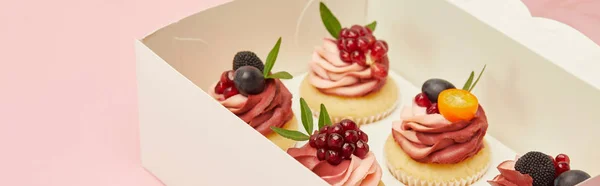 Tiro panorâmico de cupcakes com bagas e frutas em caixa de papelão isolado em rosa — Fotografia de Stock