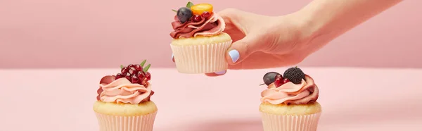 Panoramic shot of woman with sweet cupcakes on pink — Stock Photo