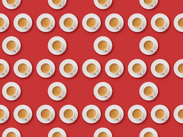 Modello senza soluzione di continuità con tazze di caffè bianco e piattini su sfondo rosso — Foto stock