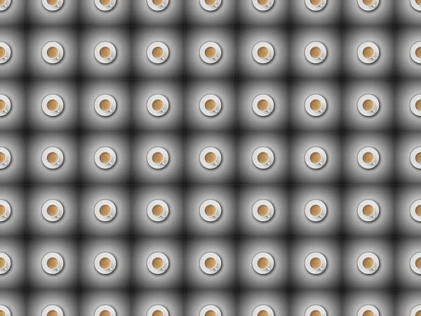 Modello senza soluzione di continuità con tazze di caffè e piattini su sfondo scuro — Foto stock