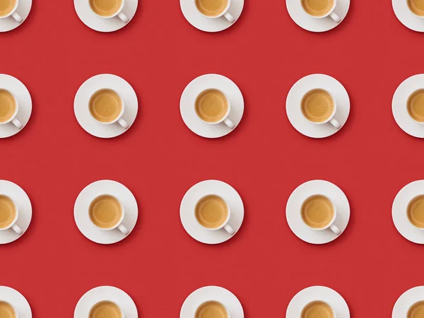 Modello senza soluzione di continuità con caffè in tazze e piattini su sfondo rosso — Foto stock