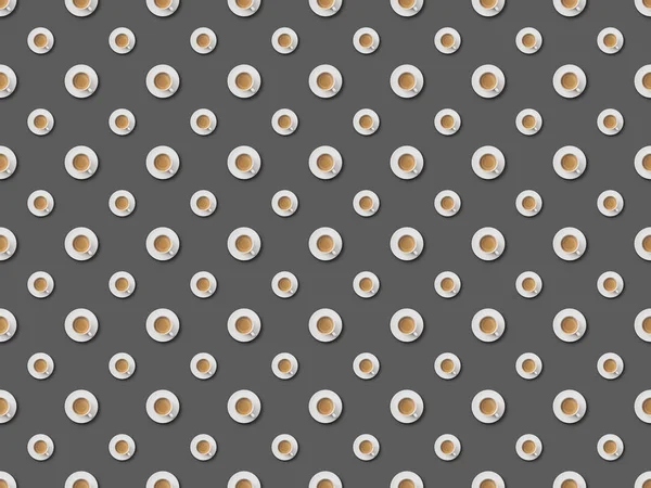 Modello senza cuciture con caffè fresco in tazze e piattini su sfondo grigio — Foto stock