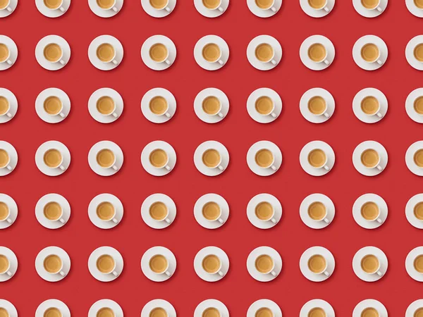 Nahtlose Hintergrundmuster mit Kaffee in Tassen und Untertassen auf rotem Hintergrund — Stockfoto