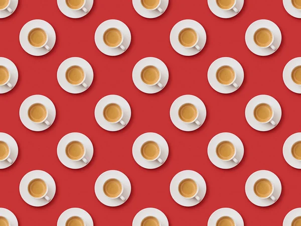 Seamless pattern with fresh coffee in cups and saucers on red background — Stock Photo