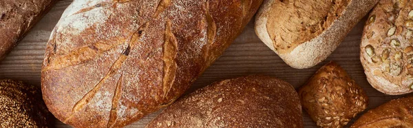 Top view of fresh homemade loaves of bread, panoramic shot — Stock Photo