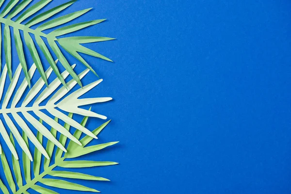 Top view of green paper cut leaves on blue background with copy space — Stock Photo