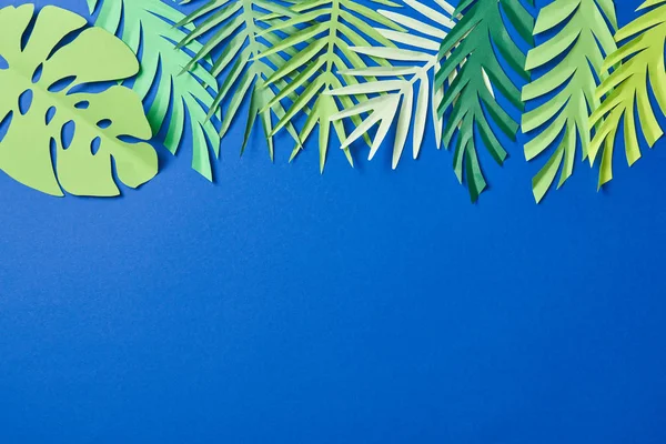 Vista dall'alto di carta verde taglio foglie esotiche su sfondo blu con spazio copia — Foto stock