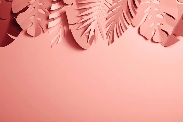 Vista superior de hojas de palma cortadas de papel exótico sobre fondo rosa - foto de stock