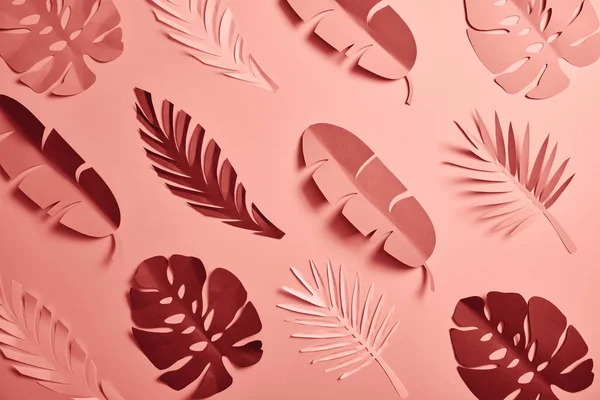 Vista superior de folhas de palma de corte de papel no fundo rosa, padrão sem costura — Fotografia de Stock