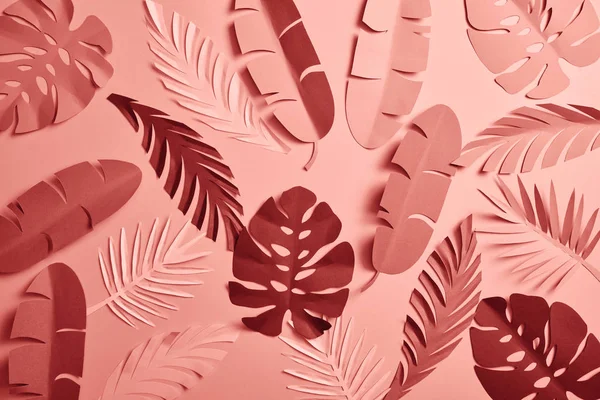 Vista superior de hojas de palma cortadas en papel sobre fondo rosa, patrón sin costuras - foto de stock