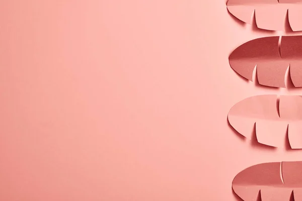 Верхний вид декоративной бумаги срезать пальмовые листья на розовом фоне с копировальным пространством — стоковое фото