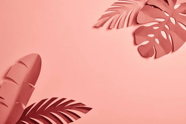 Vista superior de hojas exóticas cortadas en papel sobre fondo rosa con espacio para copiar - foto de stock