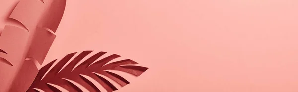 Vista superior de papel cortar folhas de palma tropicais no fundo rosa, tiro panorâmico — Fotografia de Stock