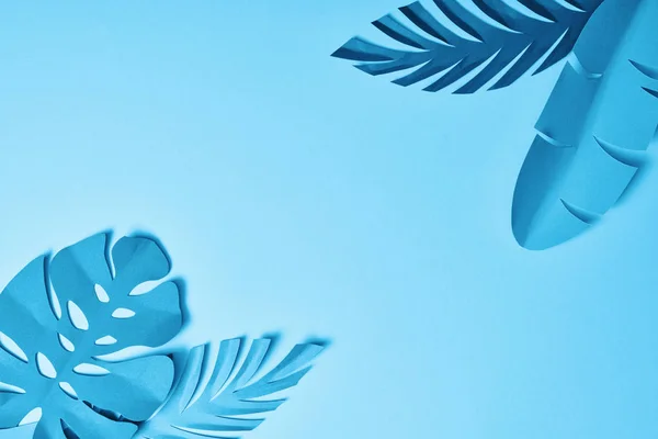 Top view of blue paper cut palm leaves on blue background with copy space — Stock Photo