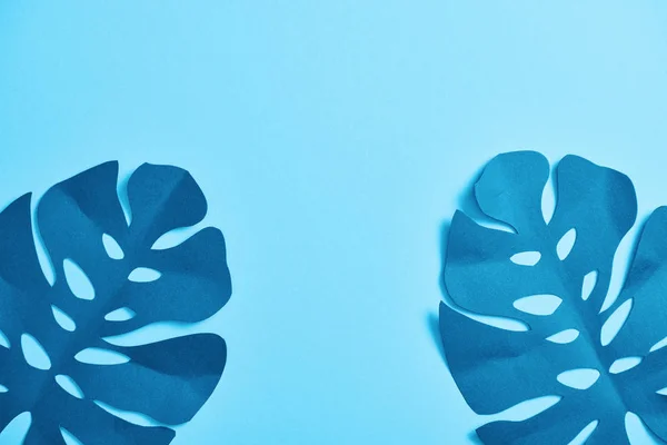 Vue du dessus des feuilles de palmier coupées en papier bleu sur fond bleu avec espace de copie — Photo de stock