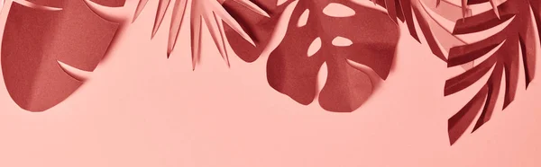 Panoramic shot of paper cut decorative pink and burgundy palm leaves on pink background with copy space — Stock Photo