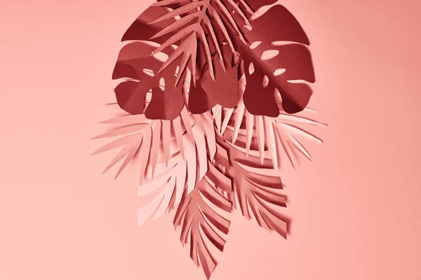 Top view of paper cut palm leaves on pink background — Stock Photo