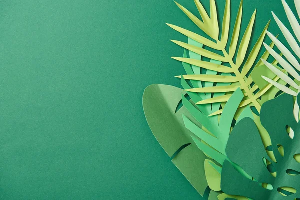 Top view of tropical paper cut palm leaves on green background with copy space — Stock Photo