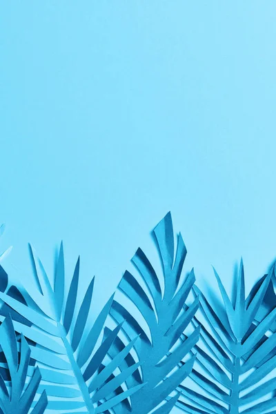 Top view of blue minimalistic paper cut palm leaves on blue background with copy space — Stock Photo