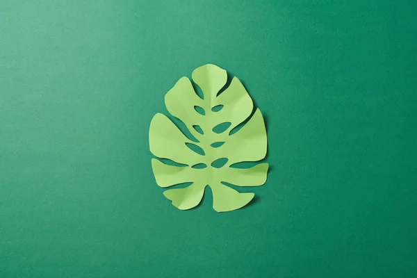 Vue du dessus du papier tropical découpé feuille de palmier sur fond vert avec espace de copie — Photo de stock