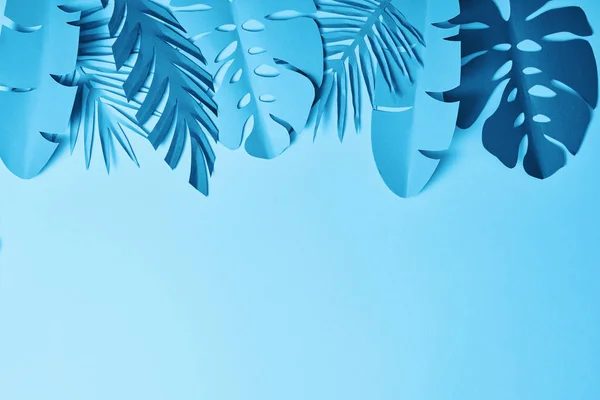 Top view of blue exotic paper cut palm leaves on blue background with copy space — Stock Photo