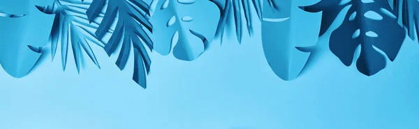 Vue du dessus des feuilles de palmier découpées en papier exotique bleu sur fond bleu avec espace de copie, vue panoramique — Photo de stock