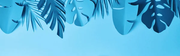 Top view of blue exotic paper cut palm leaves on blue background with copy space, panoramic shot — Stock Photo