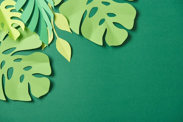 Top view of exotic paper cut palm leaves on green background with copy space — Stock Photo