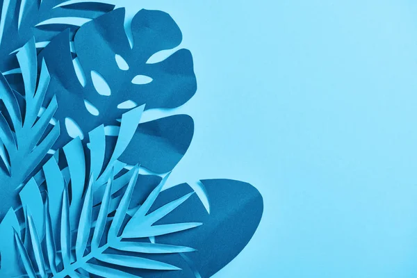 Top view of blue exotic paper cut palm leaves on blue background with copy space — Stock Photo