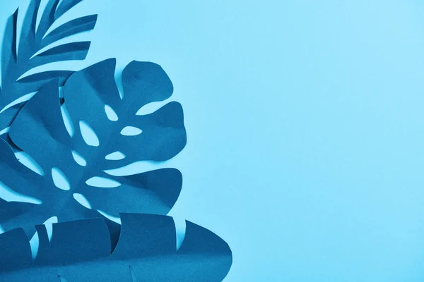 Vista superior de hojas de palma cortadas de papel exótico azul sobre fondo azul con espacio para copiar - foto de stock