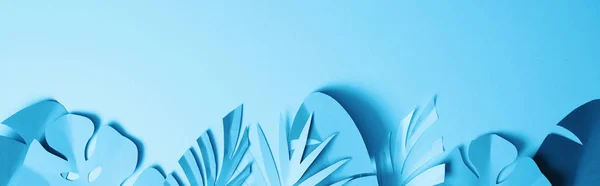 Top view of blue exotic paper cut palm leaves on blue background with copy space, panoramic shot — Stock Photo