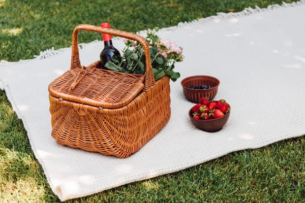 Cesta de mimbre con rosas y botella de vino en manta blanca cerca de fresas en la sombra en el jardín - foto de stock