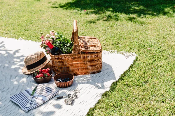 Panier en osier avec roses et bouteille de vin sur couverture blanche près du chapeau de paille, couverts sur serviette et baies au soleil dans le jardin — Photo de stock