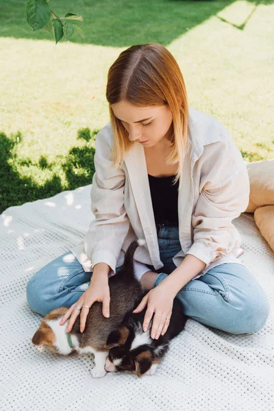 Fille blonde assise sur la couverture dans le jardin avec des chiots mignons au jour ensoleillé — Photo de stock