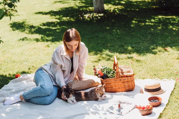 Блондинка сидить на ковдрі в саду і має пікнік з цуценятами в сонячний день — стокове фото