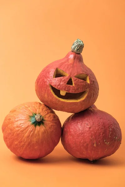 Abóboras decorativas tradicionais de Halloween no fundo laranja — Fotografia de Stock