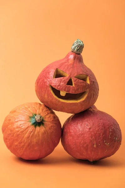 Traditional decorative Halloween pumpkins on orange background — Stock Photo