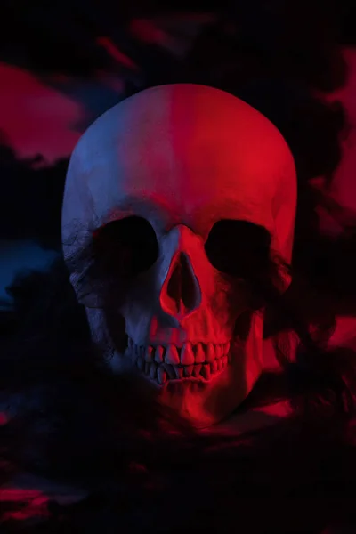 Жуткий человеческий череп при красном освещении, украшение на Хэллоуин — стоковое фото