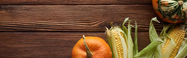 Panoramic shot of fresh ripe pumpkin and sweet corn on brown wooden surface with copy space — Stock Photo