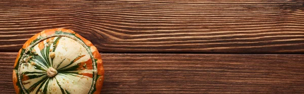Plano panorámico de pequeña calabaza madura sobre superficie de madera marrón con espacio de copia - foto de stock