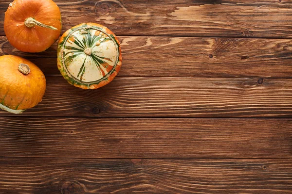 Top view of fresh pumpkins on brown wooden surface with copy space — Stock Photo