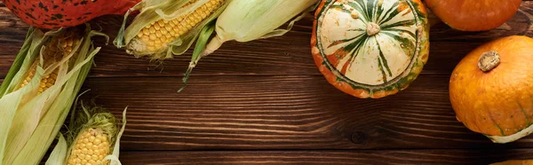 Panoramic shot of fresh pumpkins and sweet corn on wooden surface with copy space — Stock Photo