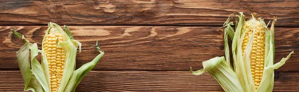 Panoramic shot of fresh corn on brown wooden surface — Stock Photo