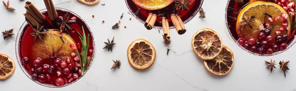 Tiro panorâmico de coquetéis de Natal com laranja, romã, canela — Fotografia de Stock